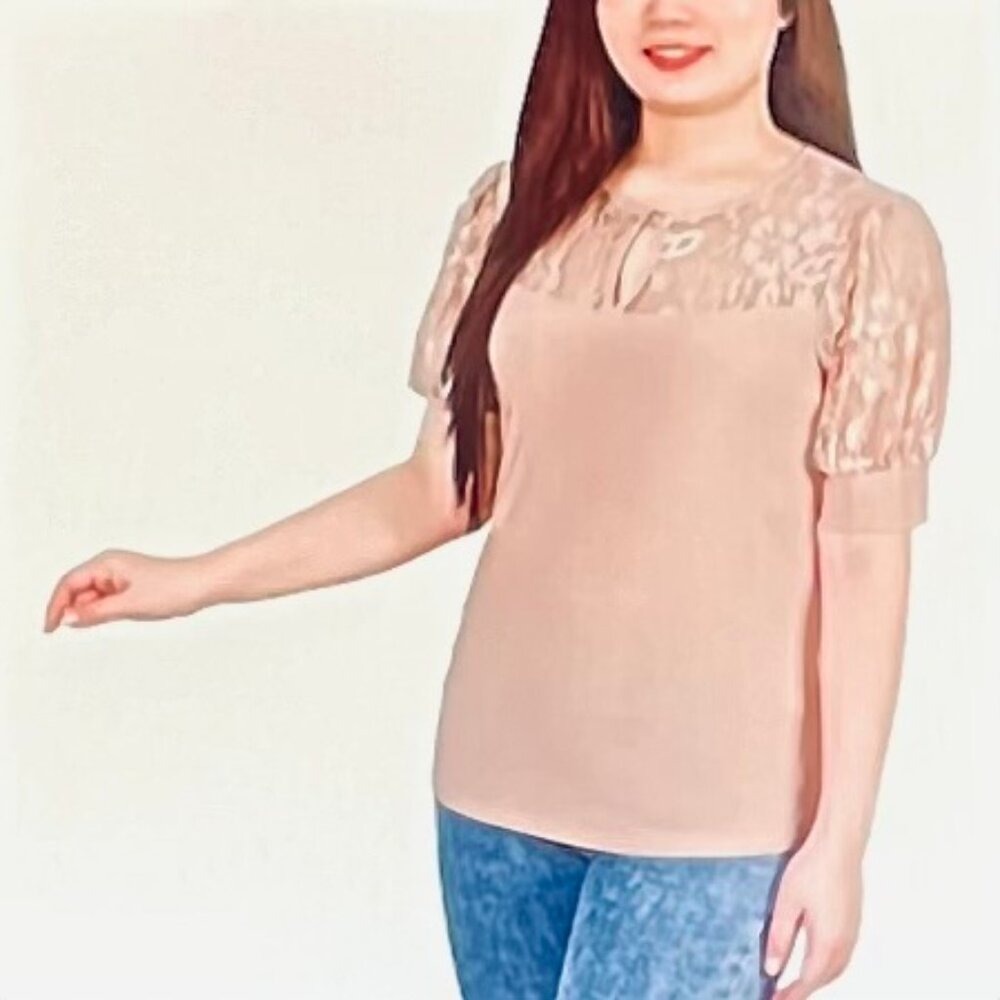 NY Collection Puff Sleeve Lace Top in Doe (MP) New with Tags